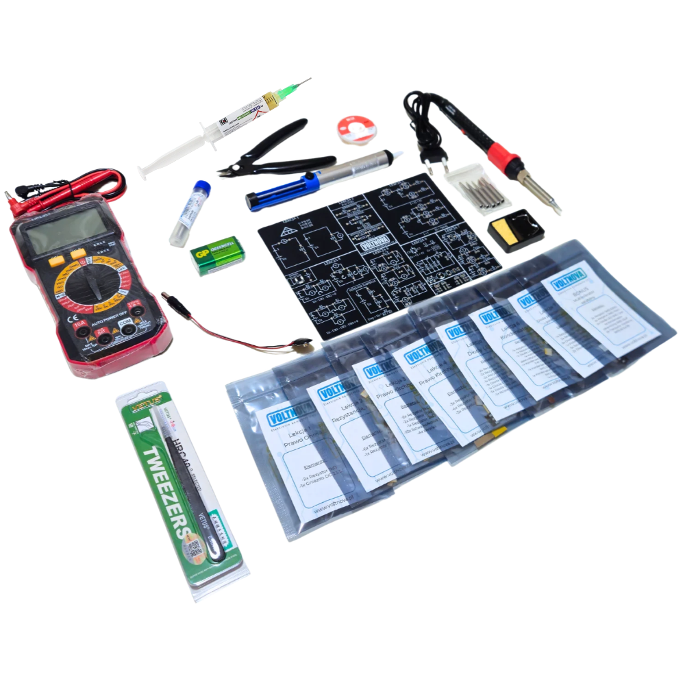 VOLTNOVA - Zestaw do nauki elektroniki i lutowania Elektronik Kompletny CZ.1 + Zestaw narzędziowy